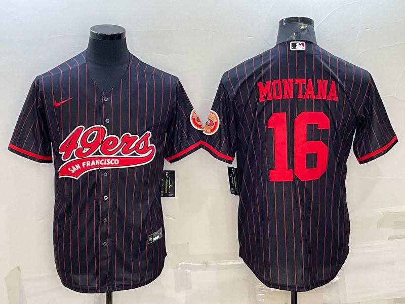 Men San Francisco 49ers #16 Montana Black red stripe 2022 Nike Co branded NFL Jerseys